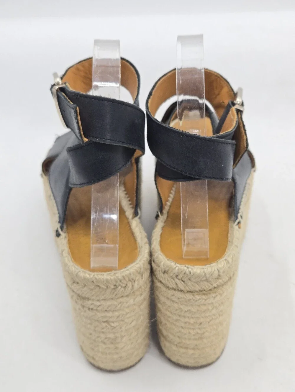 Alohas Black Leather Espadrille Wedge Sandals with Ankle Strap